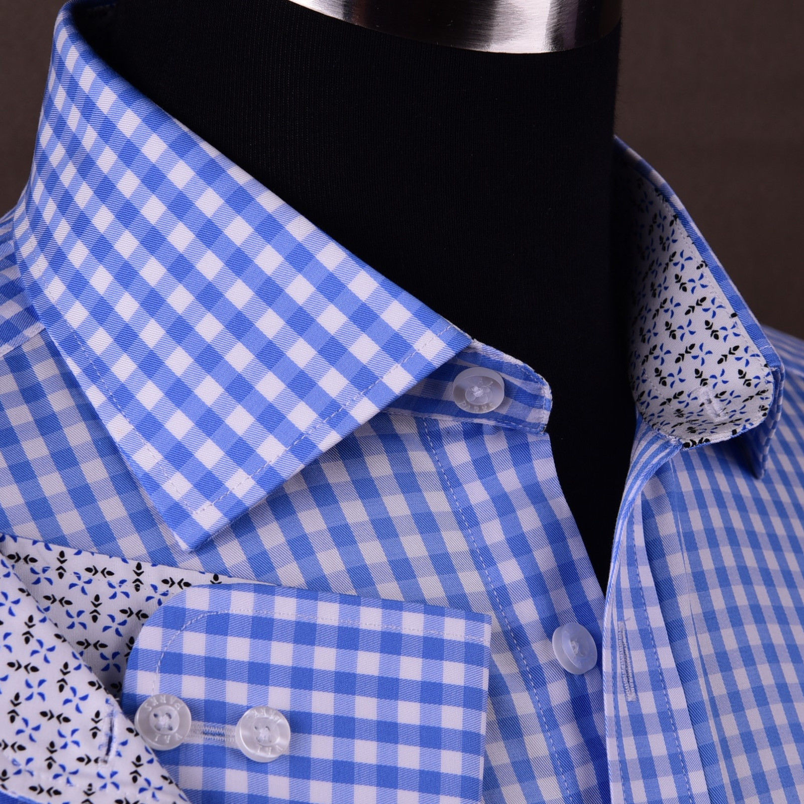 Blue Gingham Check Formal SLIM Dress Shirt Subtle Plaids Windmill inner lining