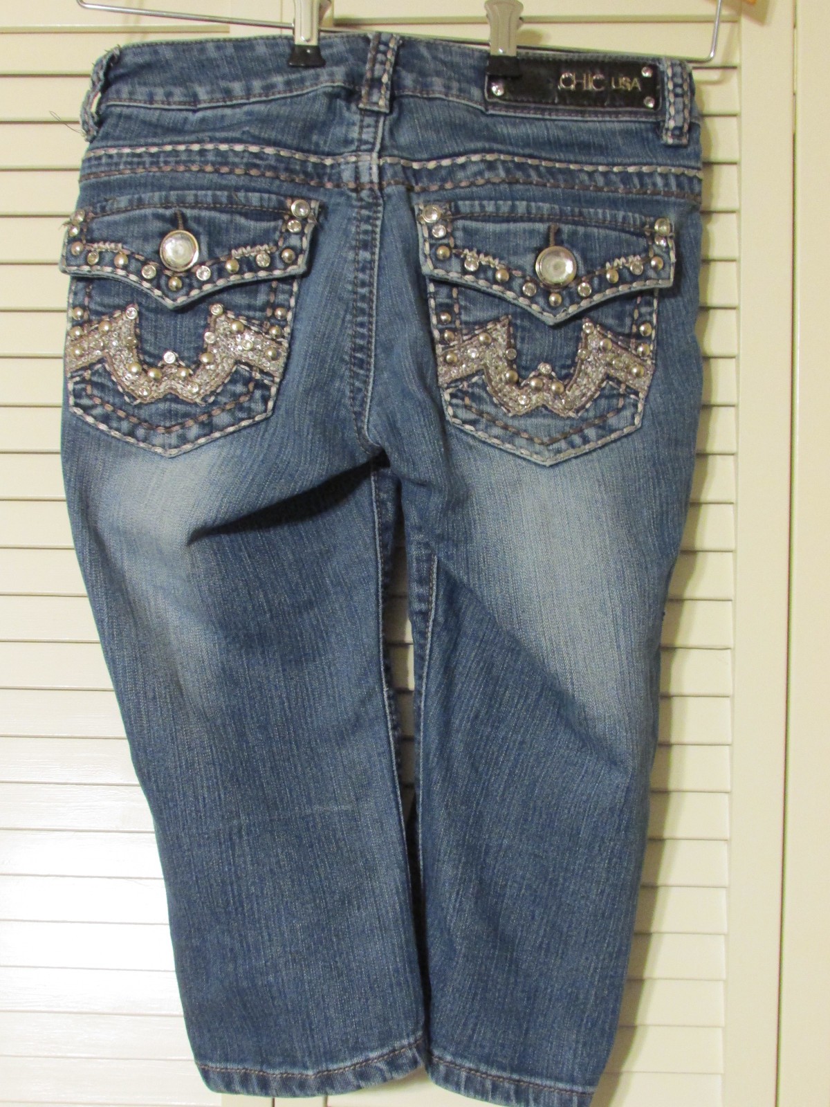 EXCELLENT Miss Chic Size 1 Stretch Capri Jeans, Rhinestone 28 Waist FREE SHIP 48