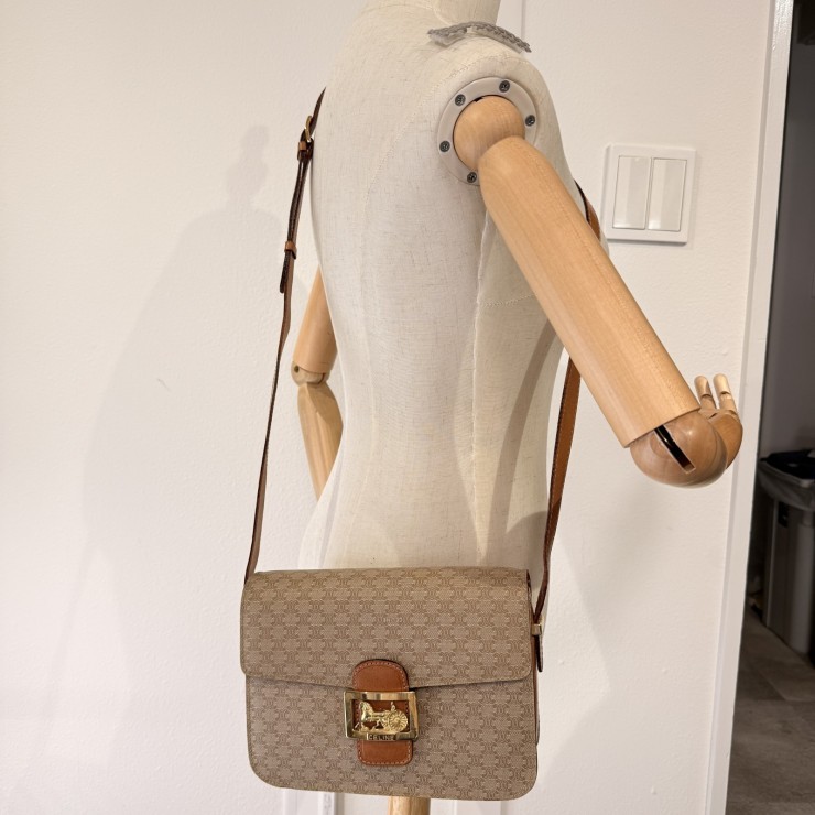 CELINE Vintage Macadam Shoulder Bag in Beige PVC and Leather with Gold-Tone …