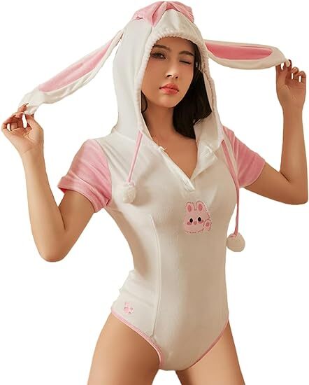 Womens Bunny Costume Outfit Anime Lingerie Cosplay Japanese Cute Hoodie Bodysuit