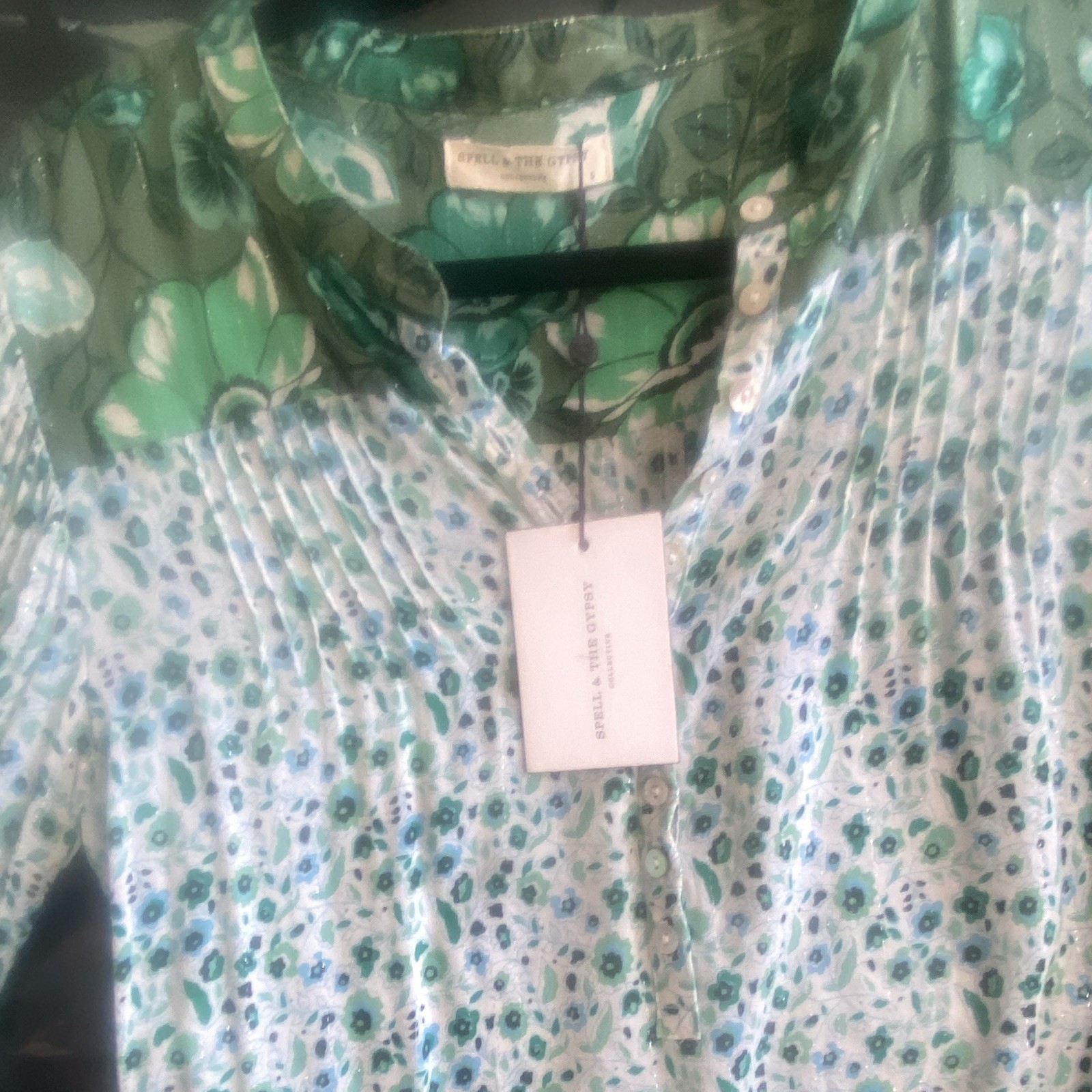 Spell & the Gypsy Green Floral V-Neck Bell Sleeve Ruffle Blouse, size small