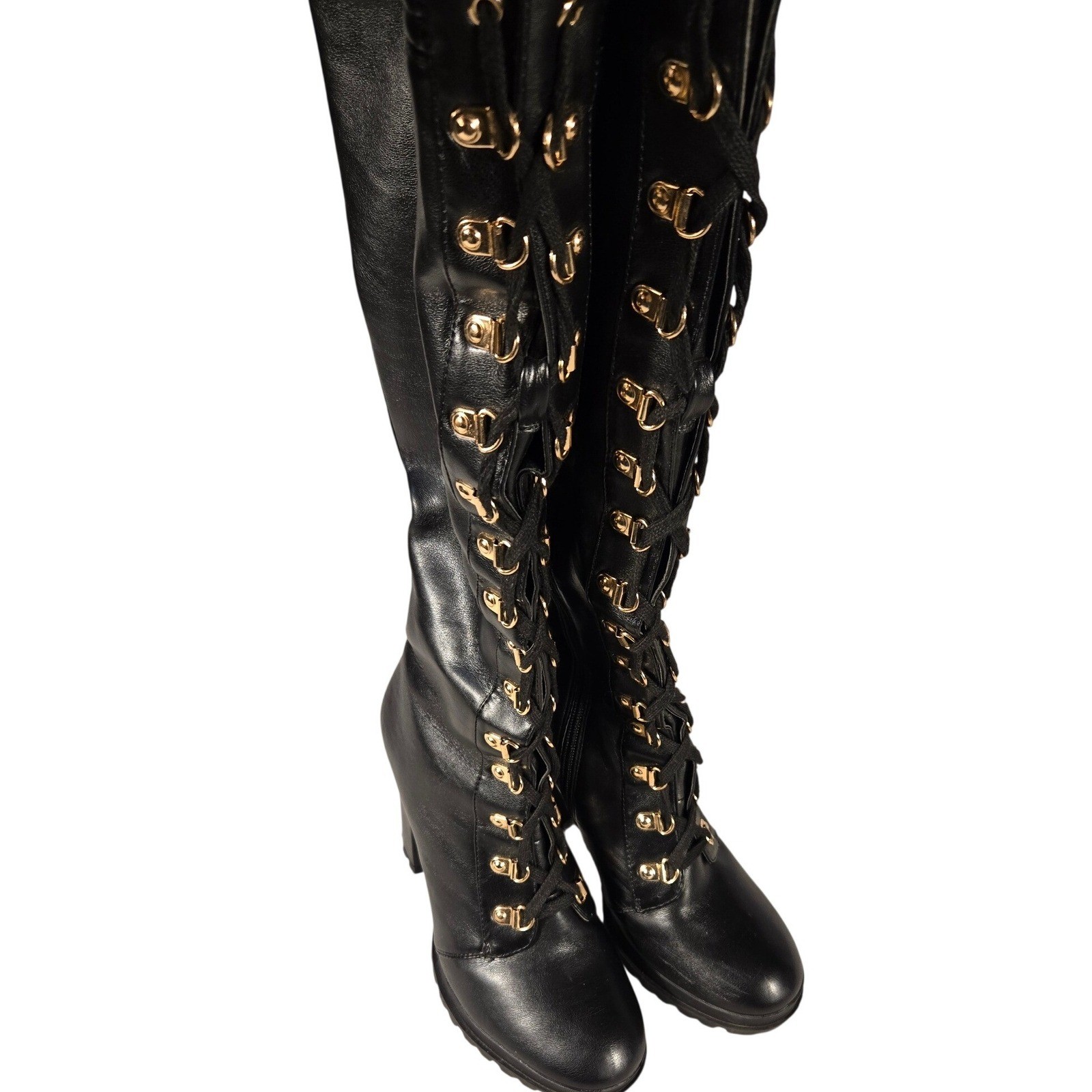 Eliza Womens Black Lace Up Knee High Combat Boots Gold Hardware Block Heel 7.5