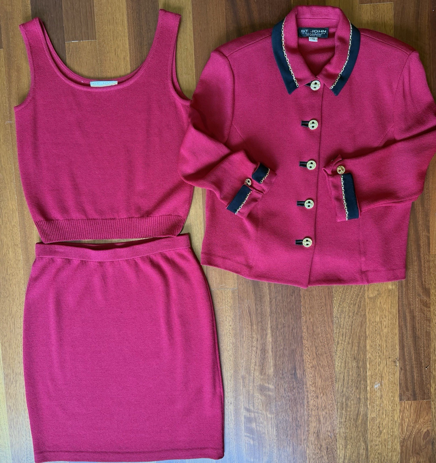 St. John Women’s 3pc Knit Skirt Suit Set Pink Solid Jacket Skirt Top sz 12
