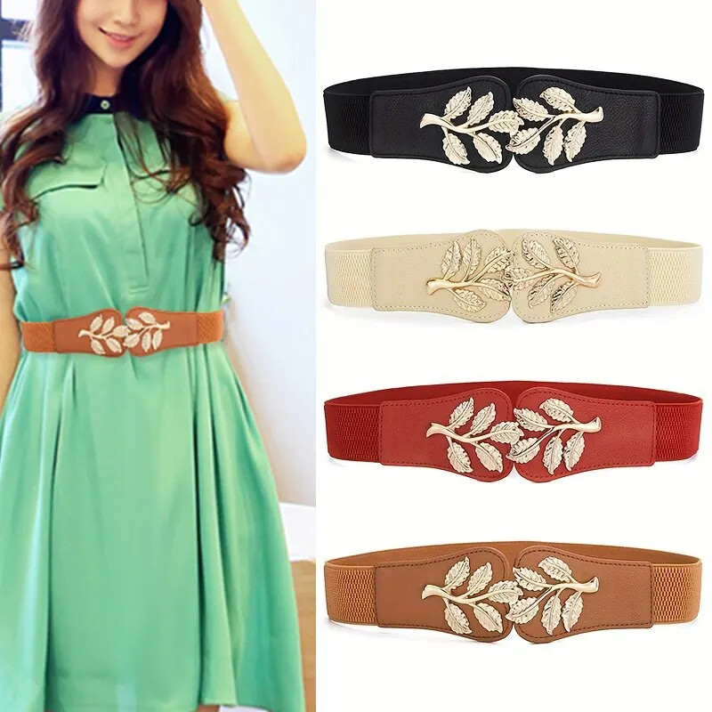 Gold Leaf Elastic Waist Belt for Women Wide Fashion Buckle Dress Skirt Us