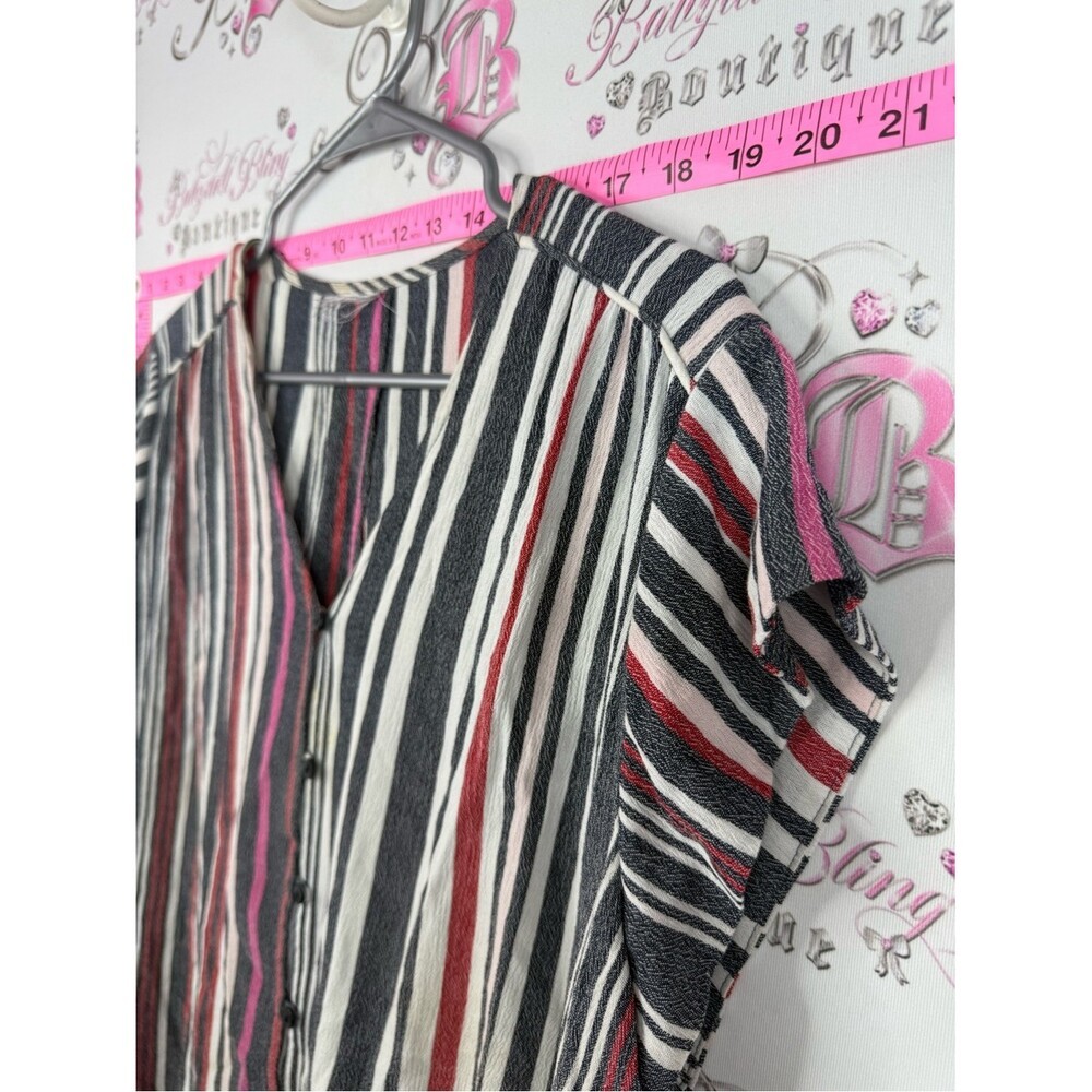Shirt Striped V-Neck Cap Sleeve Blouse – Black, White & Red