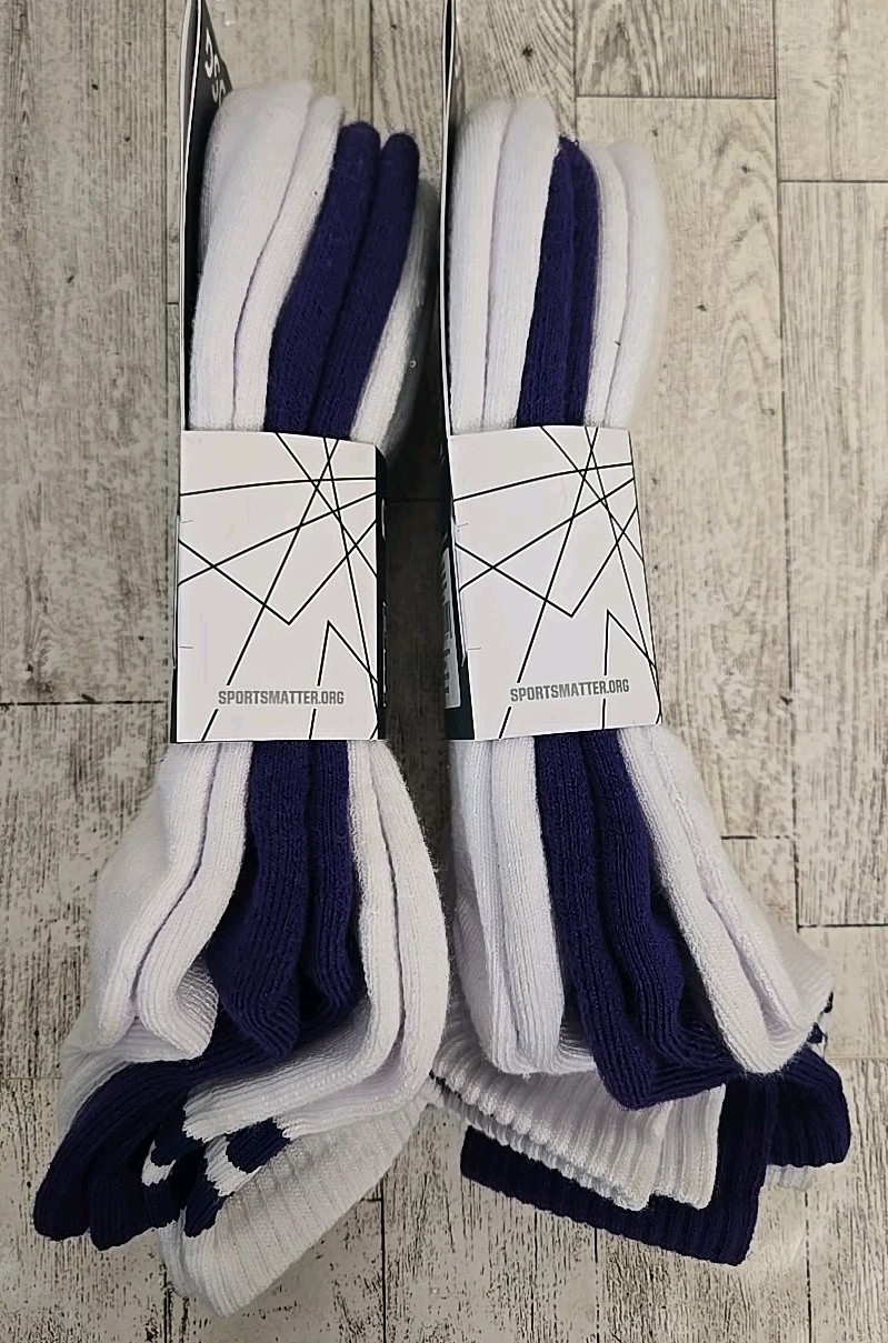 Mens Quarter Crew Socks M or L 3pk Cushioned Purple Baseball Stripe Lot of 2 NEW