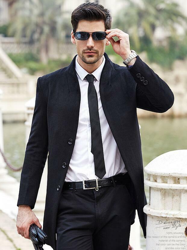 Men’s Wool Blend Mid Length Jacket Formal Stand Collar Slim Trench Coat Oversize