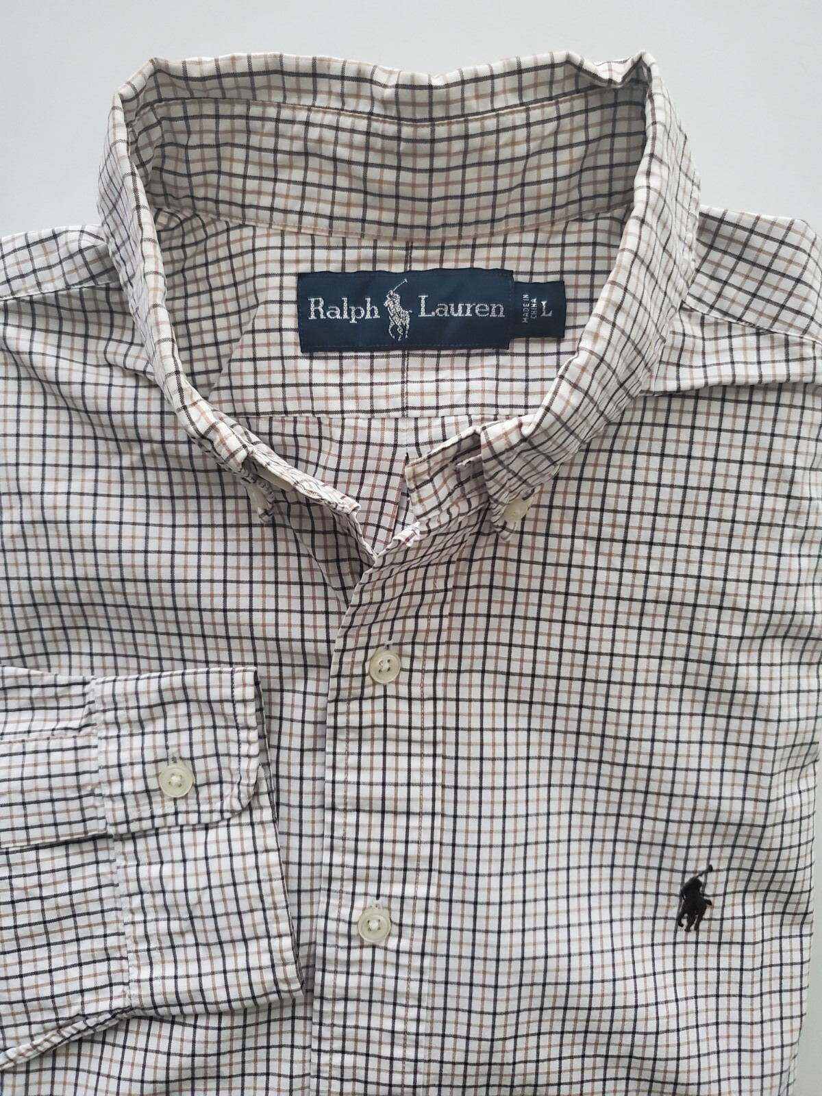 Ralph Lauren Brown Beige White Tartan Plaid Shirt Sz L EXCELLENT