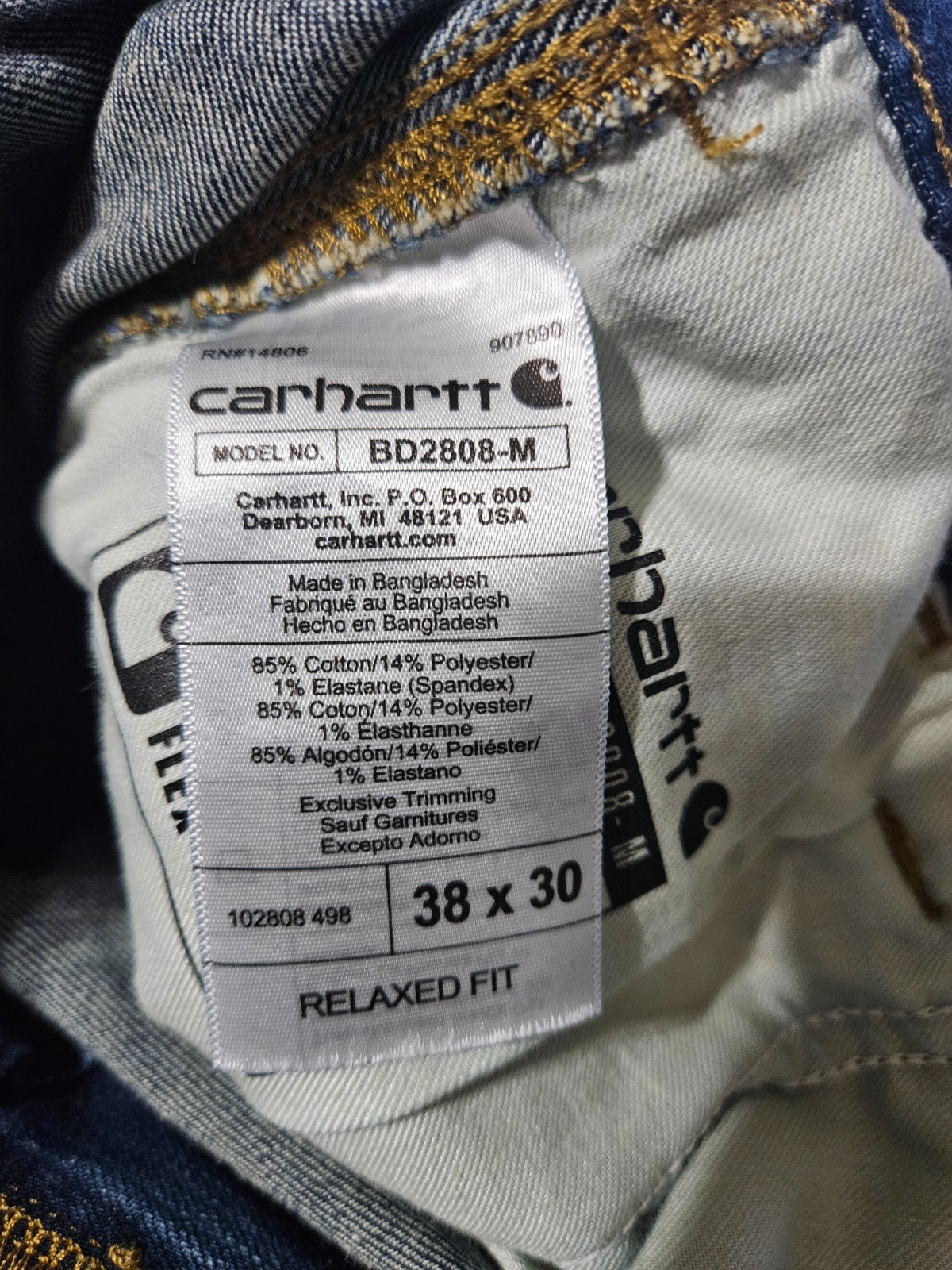 Carhartt Jeans Men’s 38×30 Rugged Flex Relaxed Fit Carpenter Work Denim BD2808-M