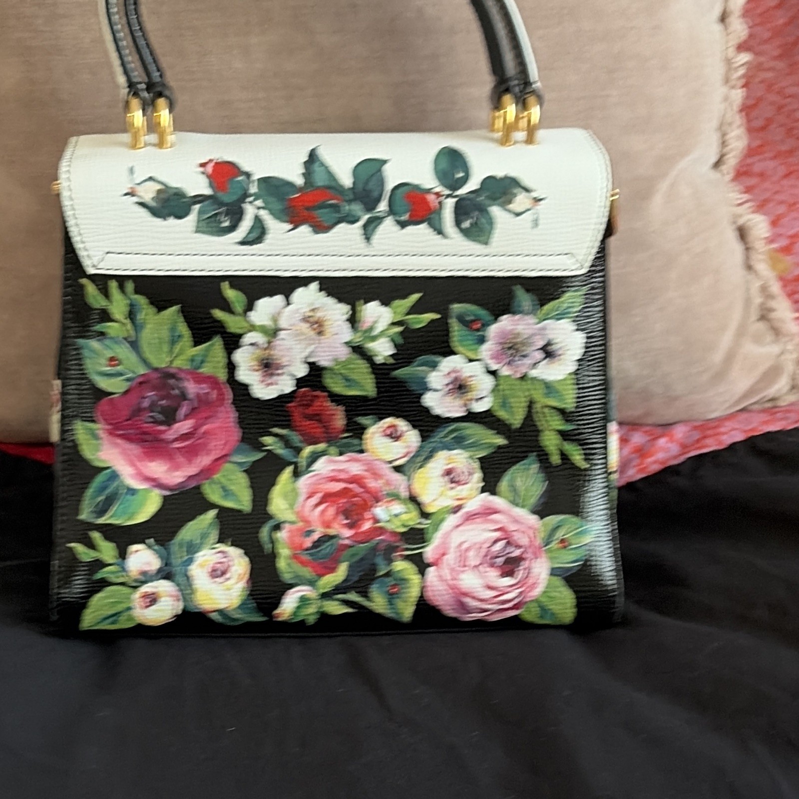 Dolce & Gabbana Floral Top Handle Satchel Turn Lock Gold Hardware Strap/Dust