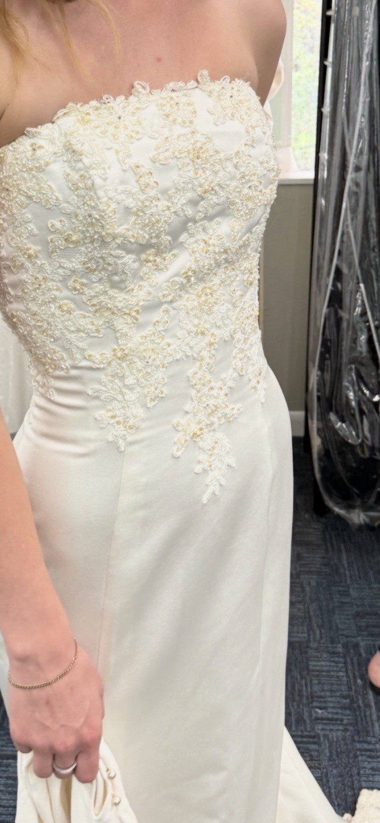 Ivory Strapless Lace Beaded Mermaid Wedding Dress with Train, Zipper Back