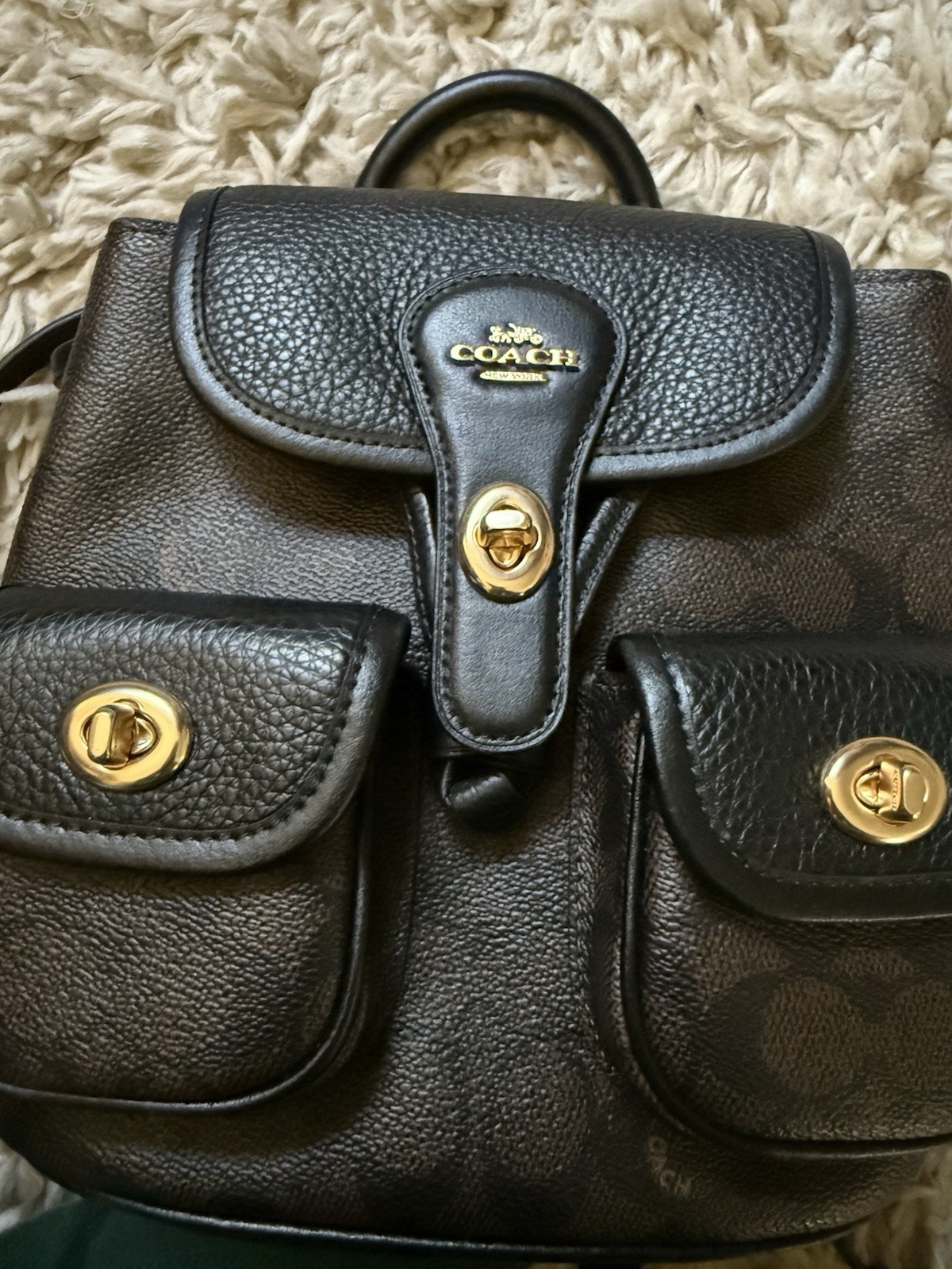 Coach Signature Brown Black Small Backpack Turn Lock Drawstring Gold Hardware