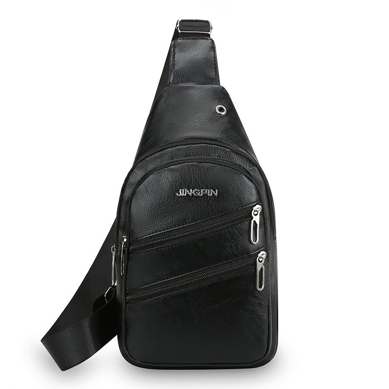 Men’s Leather Sling Bag Chest Pack Crossbody Shoulder Backpack USB Earphone Port