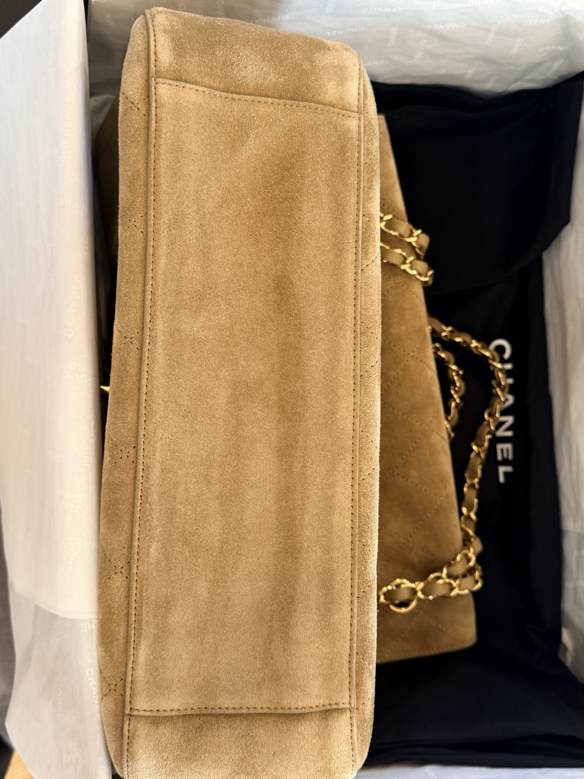 CHANEL Beige Quilted Flap Shoulder Bag Chain Strap Turn Lock Gold HW
