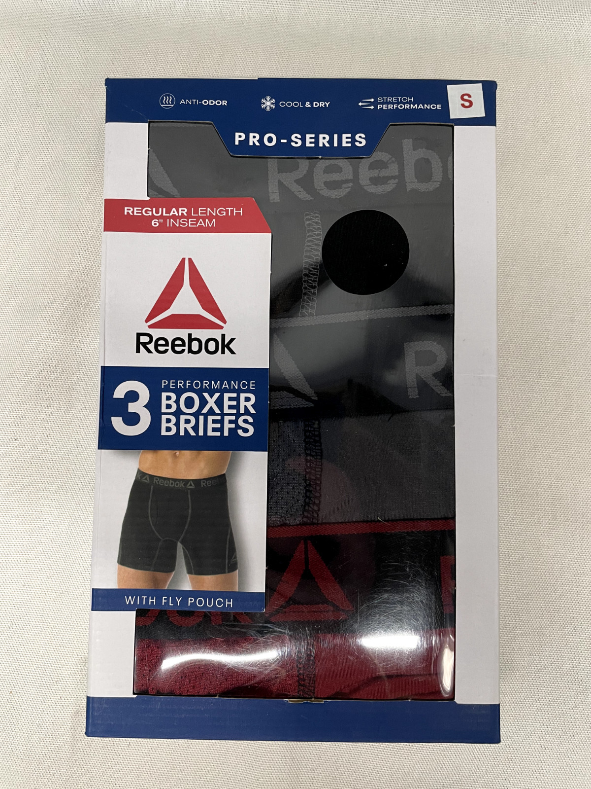 REEBOK Men’s 3-Pack Pro Series Performance Boxer Briefs 6” Inseam, Size: S, XL