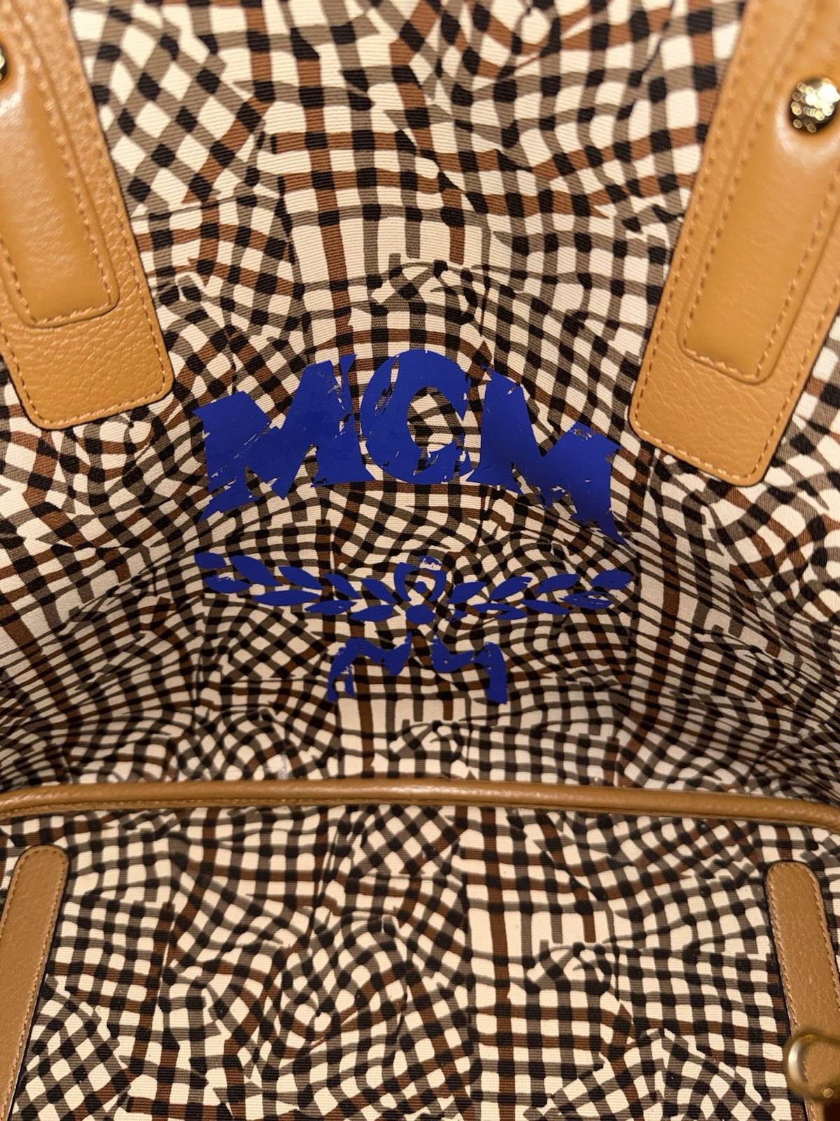 MCM Monogram Brown Tote Bag w/ Pouch, Logo Accents, Inner Pockets, Gold HW