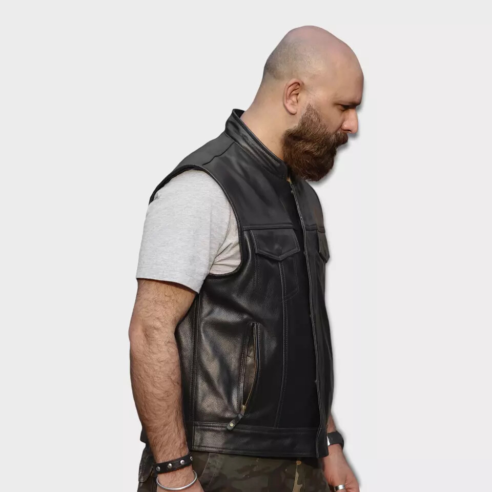SOA Men’s Leather Vest Anarchy Motorcycle Biker Club Concealed Carry Outlaws