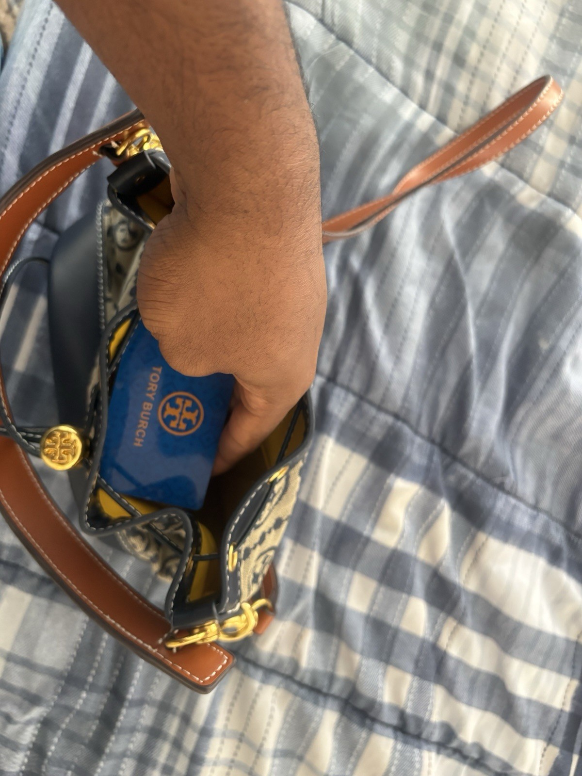 Tory Burch Logo Monogram Drawstring Bucket Bag Beige Navy Brown Detachable Strap