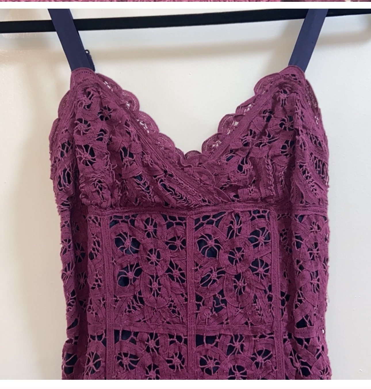 Betsey Johnson 1990s SZ 4 Purple Crochet Lace Overlay Over Navy Silk Navy Trim