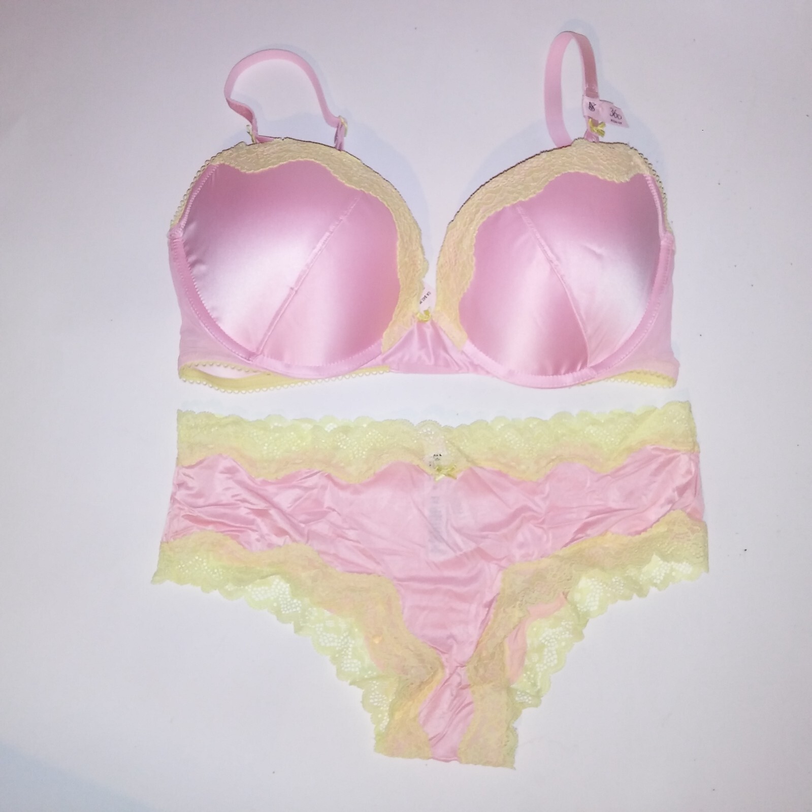 Victoria Secret Bra Set Tease Push Up Cheeky Panty Pink Yellow Lace Trim New