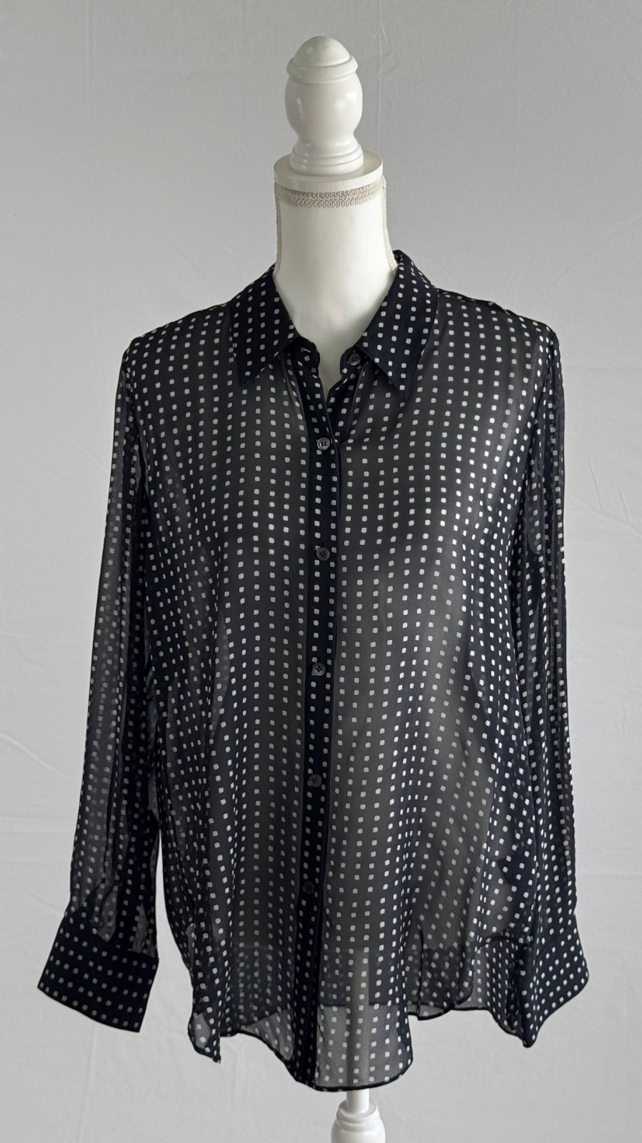 Theory 100% Silk Chiffon Blouse, Sheer Square Print, Size L