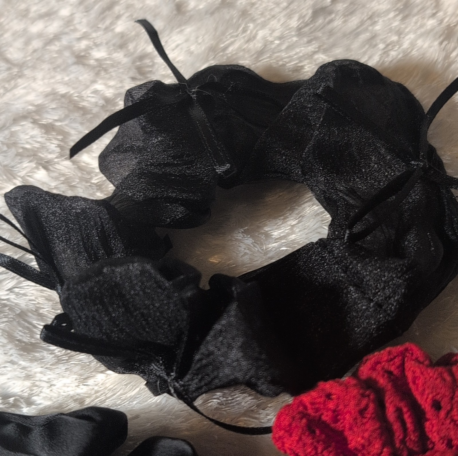 Black Red Satin Fabric Hair Ties Set with Bow and Beaded Accents