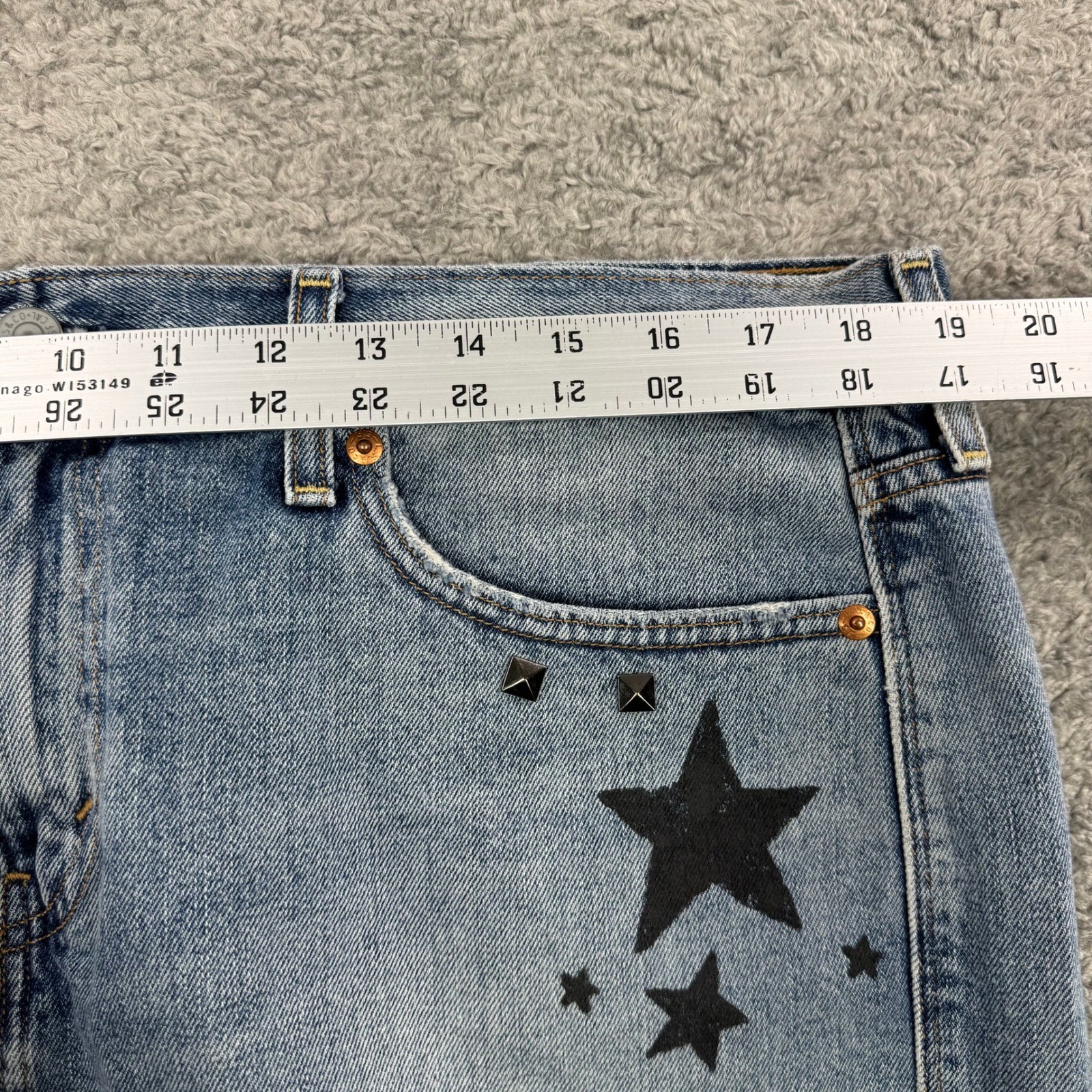 Levis Custom Studded Punk Denim Mini Skirt Metal Babe Grunge Graphic 38″ Atheist
