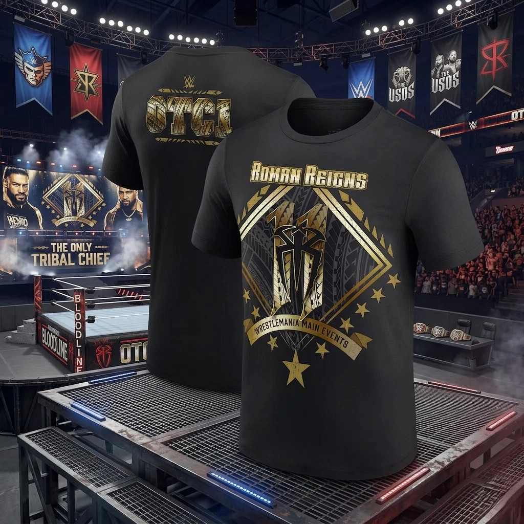 Men’s Black Roman Reigns 11 WrestleMania Main Events T-Shirt Reprint
