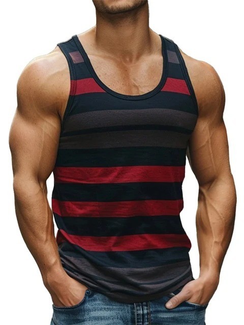 Men’s Striped Gym Tank Top Summer Beach Muscle Sleeveless Shirt Casual Vest S-6X