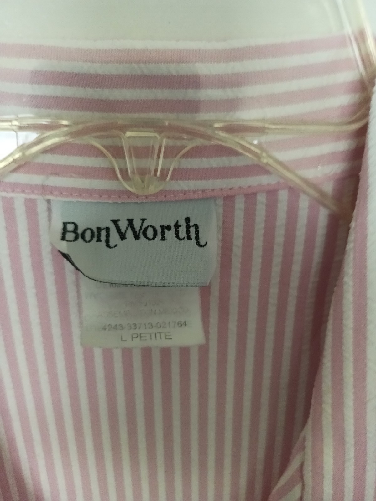 BonWorth Womens Petite L Pink White Striped Woven Collared Short Sleeve Blouse