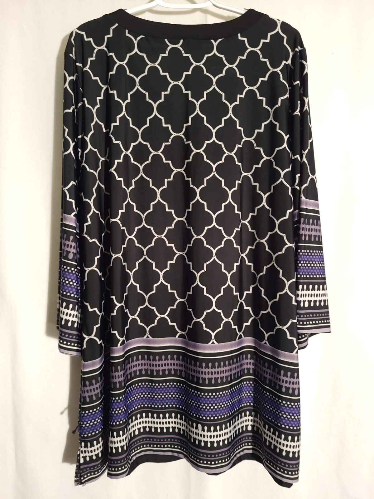 Lavanya-Black White Purple Striped Geo Embellished Long Sleeve Vneck Tunic-2X