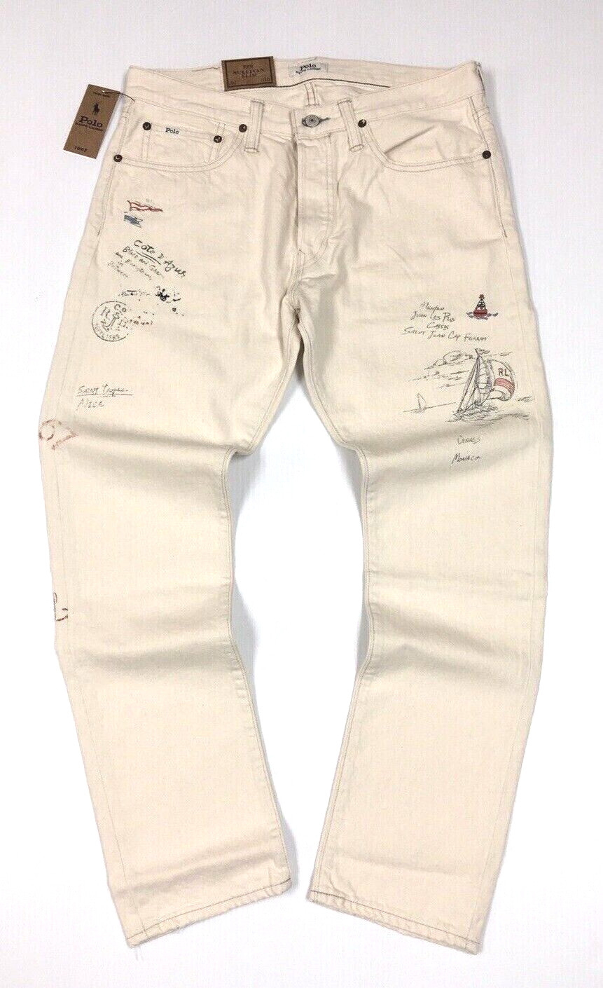 Polo Ralph Lauren Sailing Yacht Artist Artwork Pen Drawing Royal CP93 Slim Jeans
