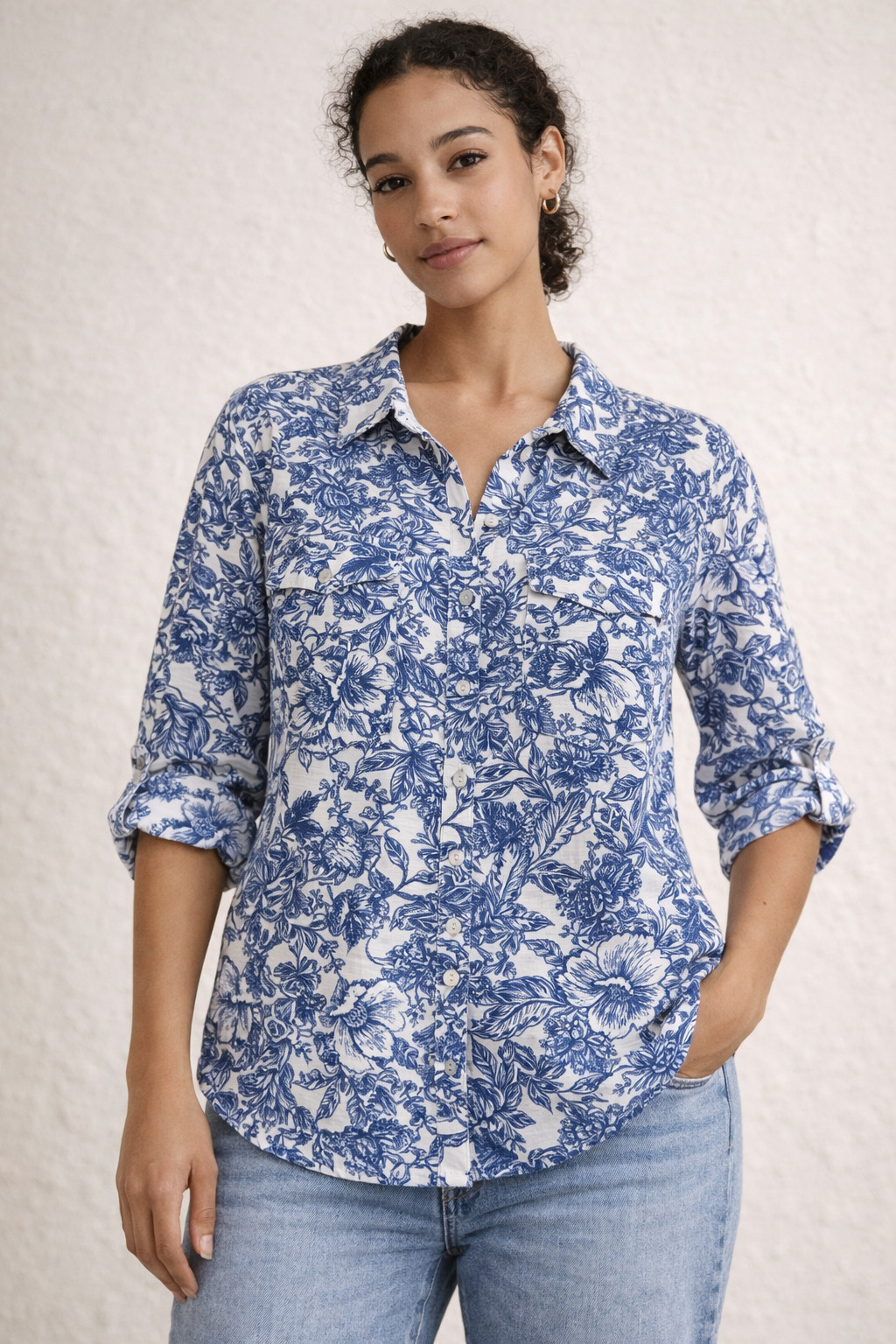 Alex & Parker Womens printed button down 3/4 roll tab sleeve collared Blouse
