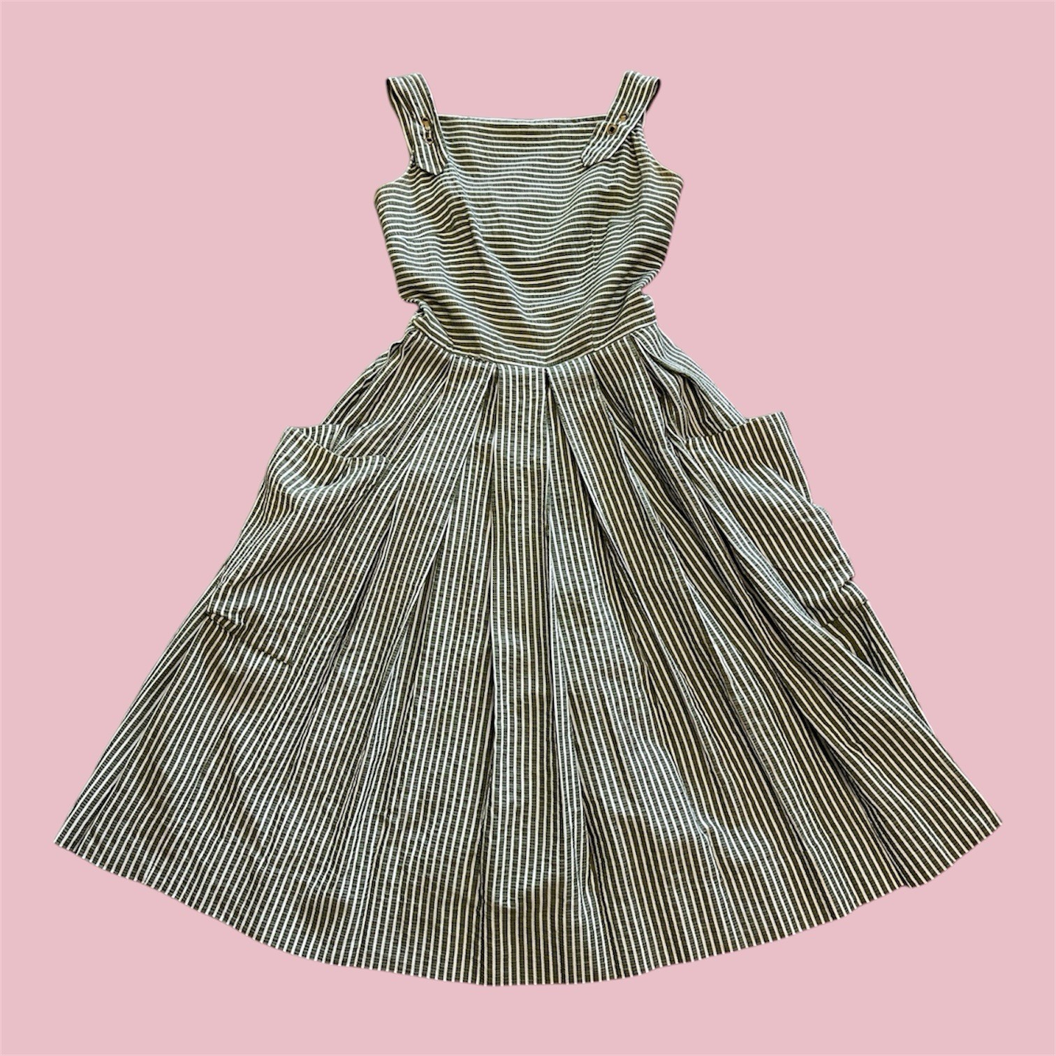 Vintage 50s 60s Olive Striped Summer Day Dress 25” Waist 1950s