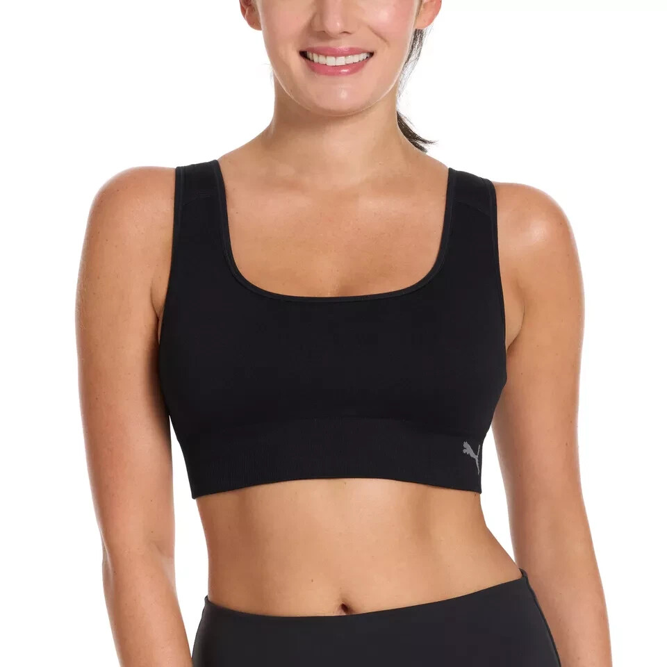 Puma Women’s 2-Pack Square Neck Seamless Sports Bra, Black/Gray, Size M