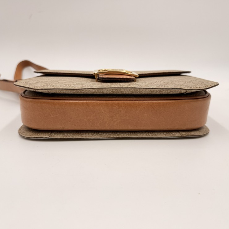 CELINE Vintage Macadam Shoulder Bag in Beige PVC and Leather with Gold-Tone …