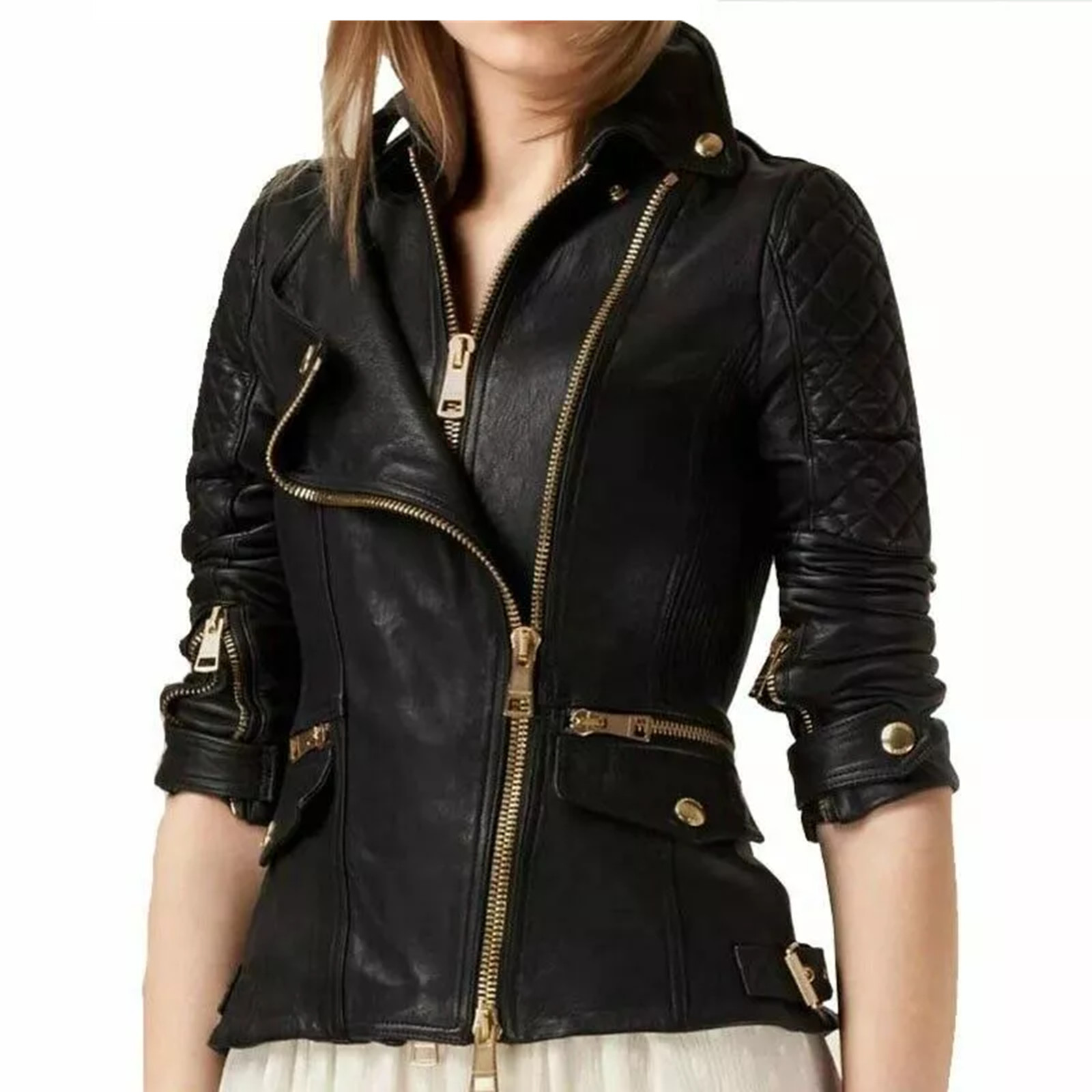 Black Motorcycle Jacket For Women Real Leather Biker Jacket- Gold Zippers & Accs