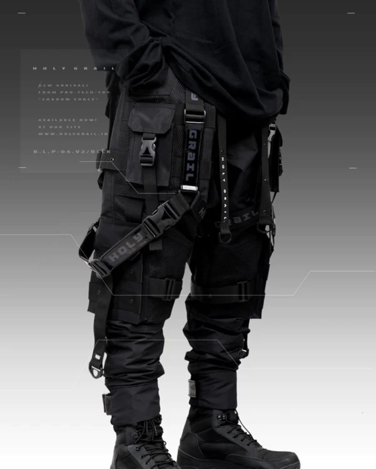 Men’s Black Streetwear Techwear Heavy Cargo Trouser Pants H-G B.L.P-04.V2/BLCK
