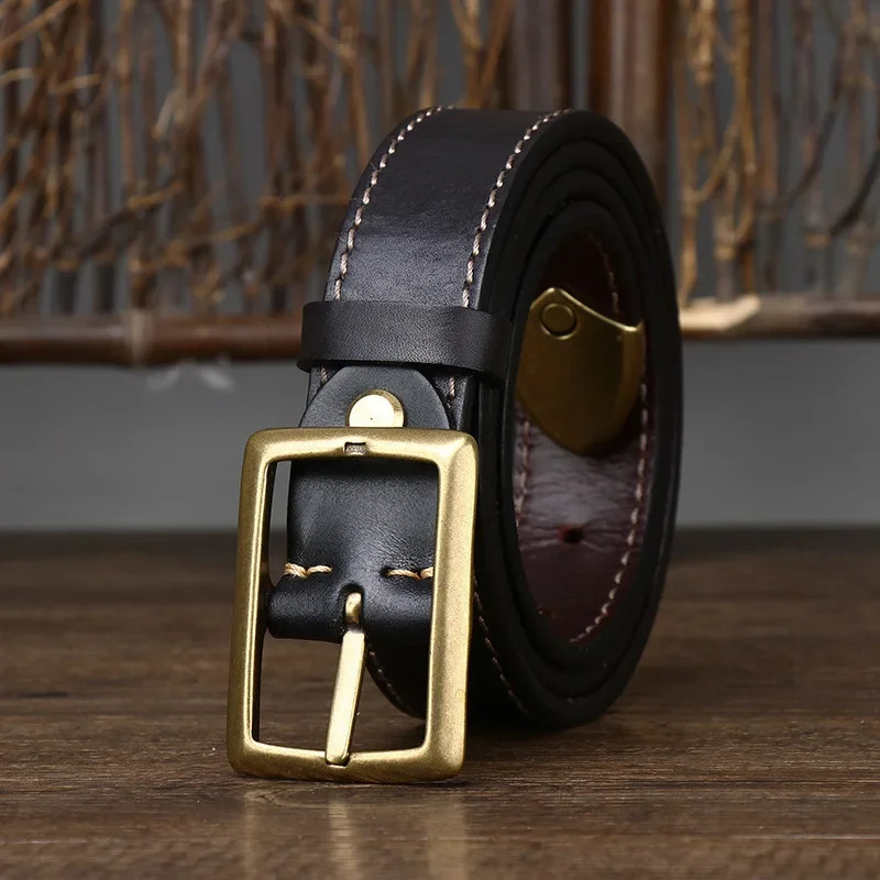 Italian Veg Tanned Cowhide Double Sided Belt Stitching Brass Buckle 3.3cm 3.8cm