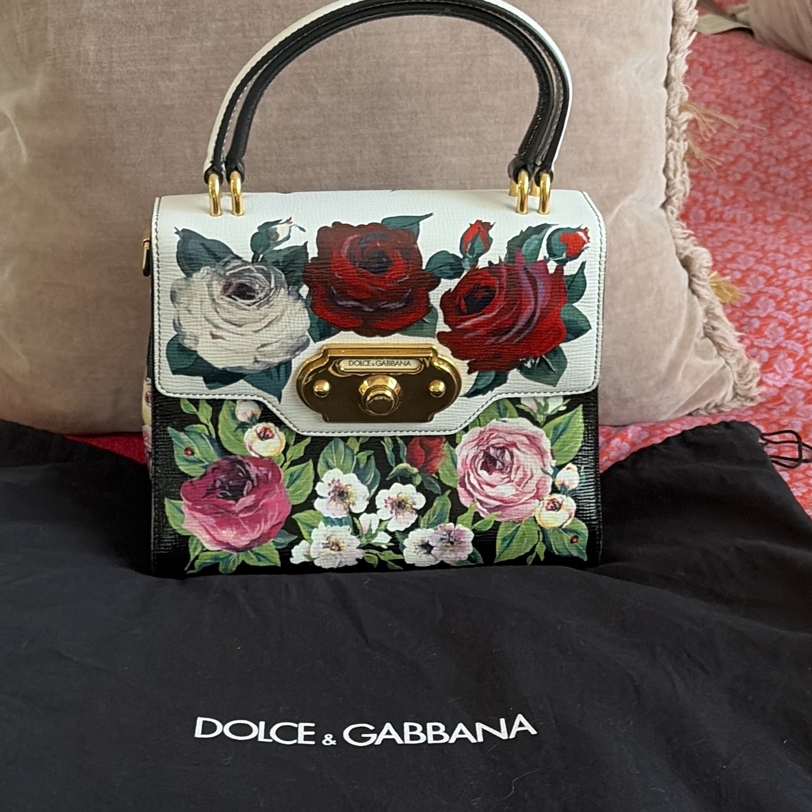 Dolce & Gabbana Floral Top Handle Satchel Turn Lock Gold Hardware Strap/Dust