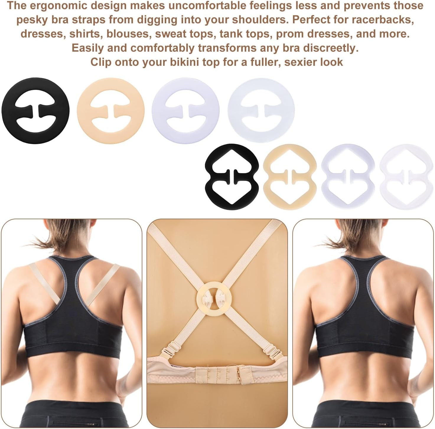 8Pcs Bra Strap Clips, 4 Colors & 2 Styles Bra Strap Holder to Racerback Clips fo