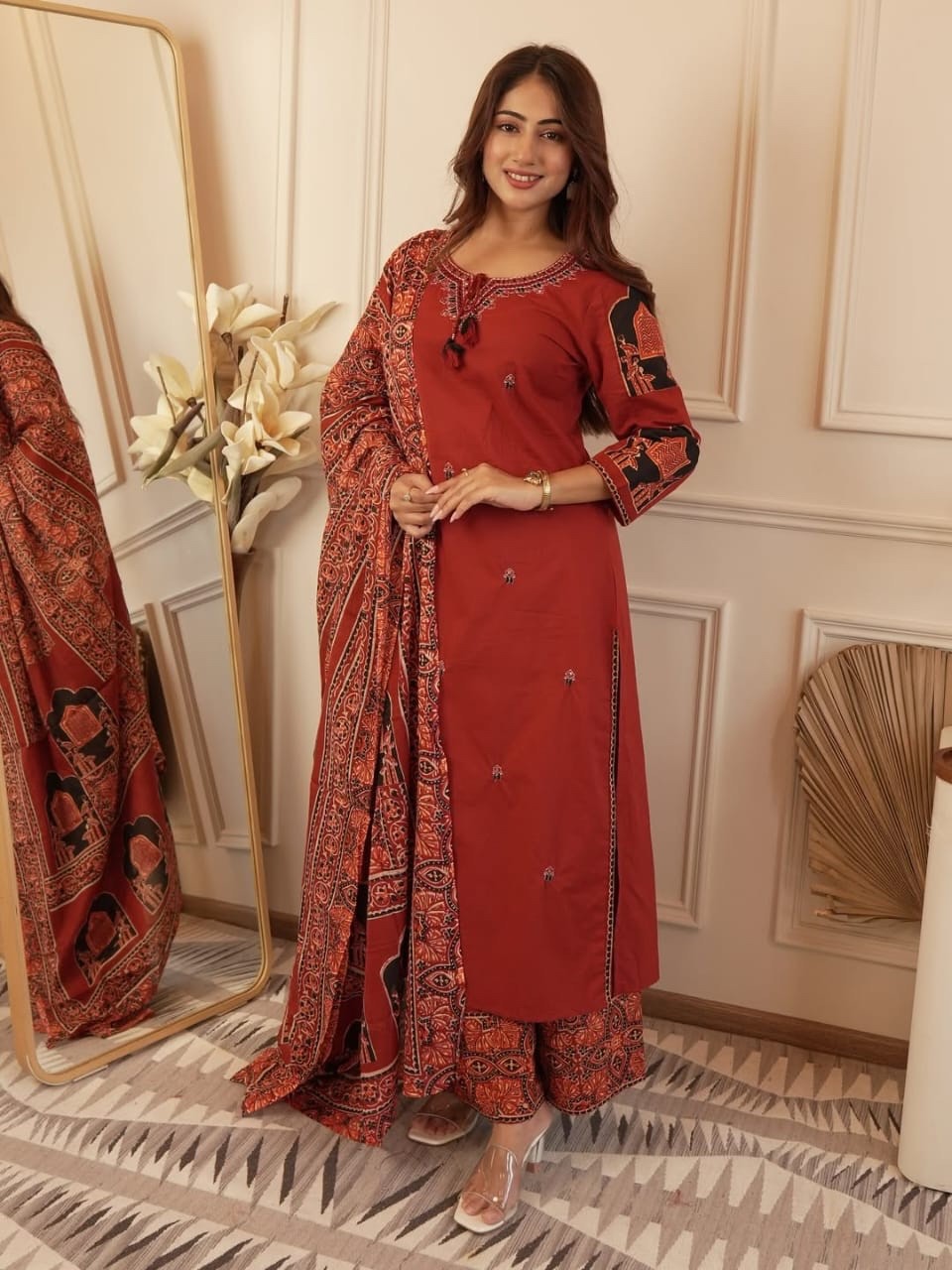 BOHO EMBROIDERED COTTON KURTI PANT DUPATTA SET WOMEN 3PC POCKET SUIT SIZE 3XL UP