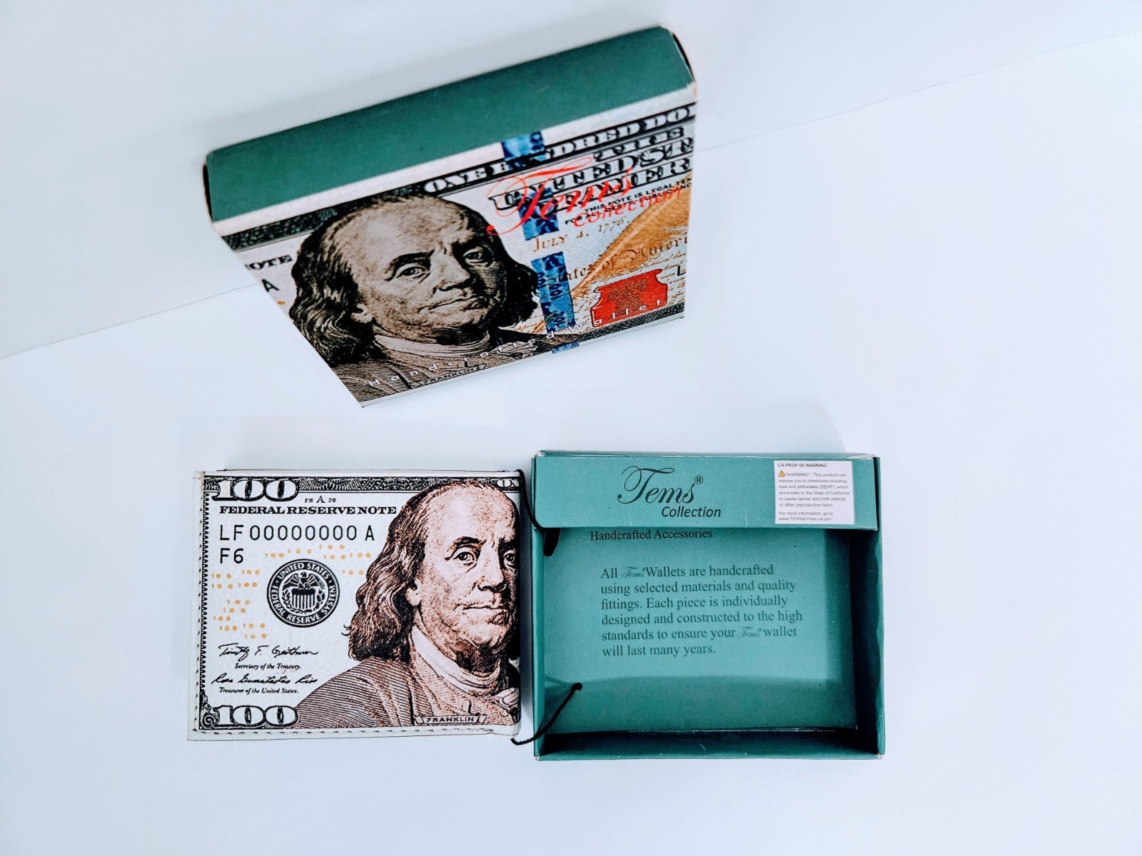 Tems Handcrafted Bifold Novelty Wallet Featuring a print of a $100 Bill