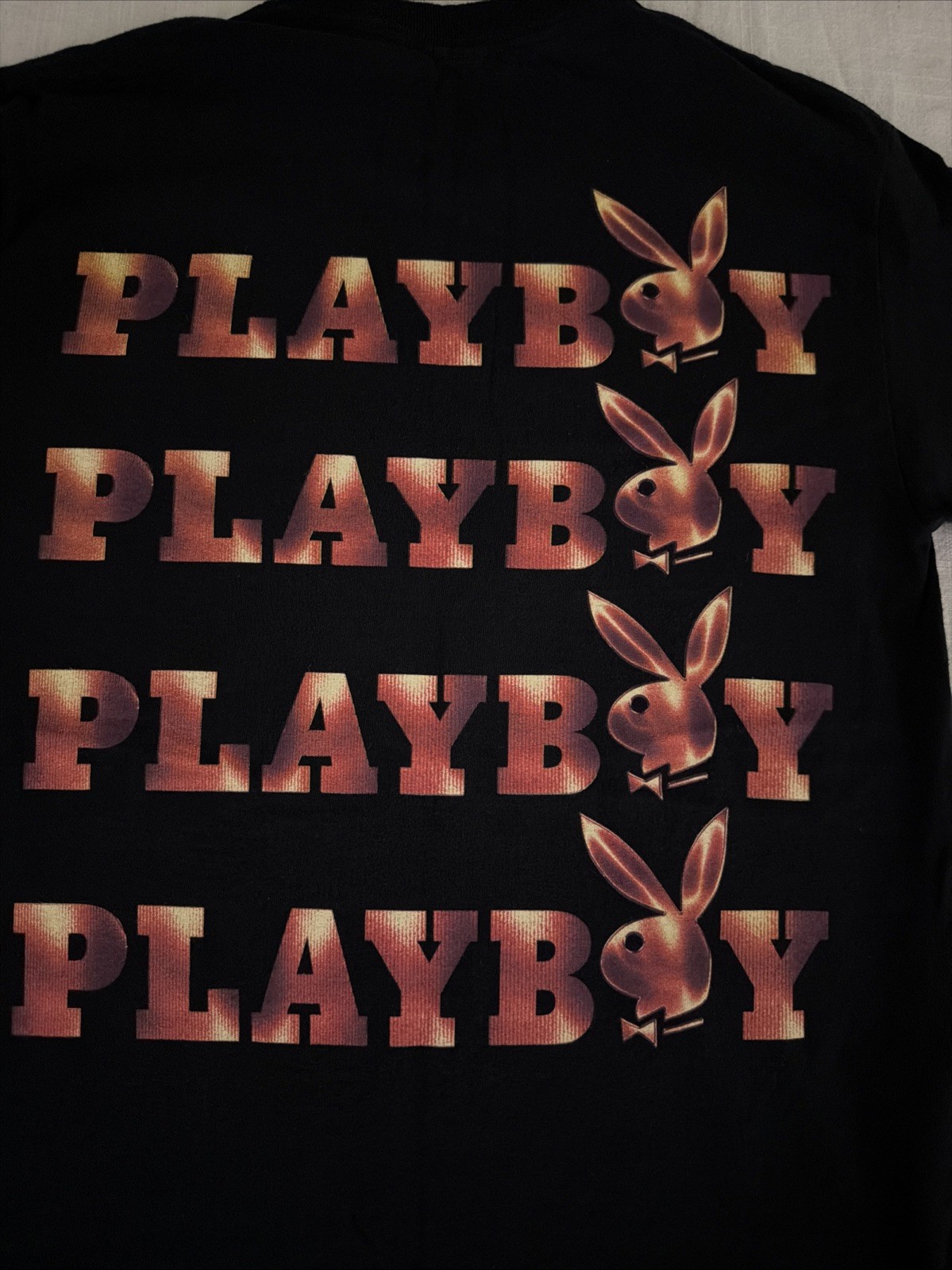 Playboy Shirt Mens S Black Repeat Logo Back Bunny Graphic Tee Tagless Cotton