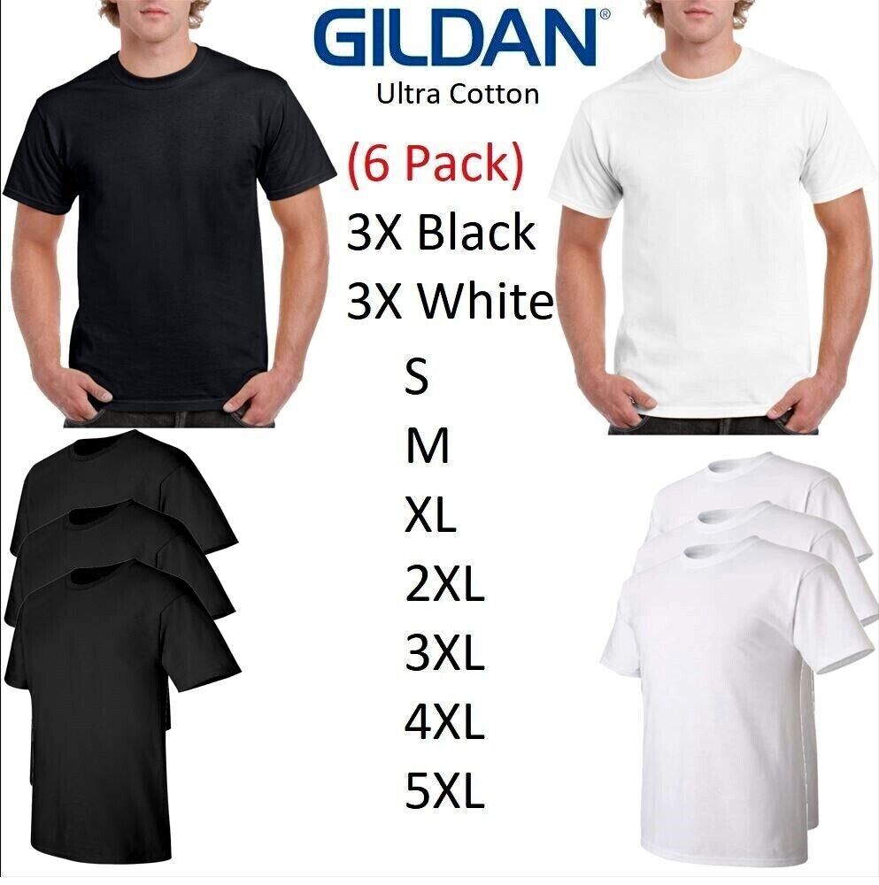 6 PACK Gildan G200 Men’s Ultra Cotton Sleeves Tee T-Shirt Black / White S-XL USA
