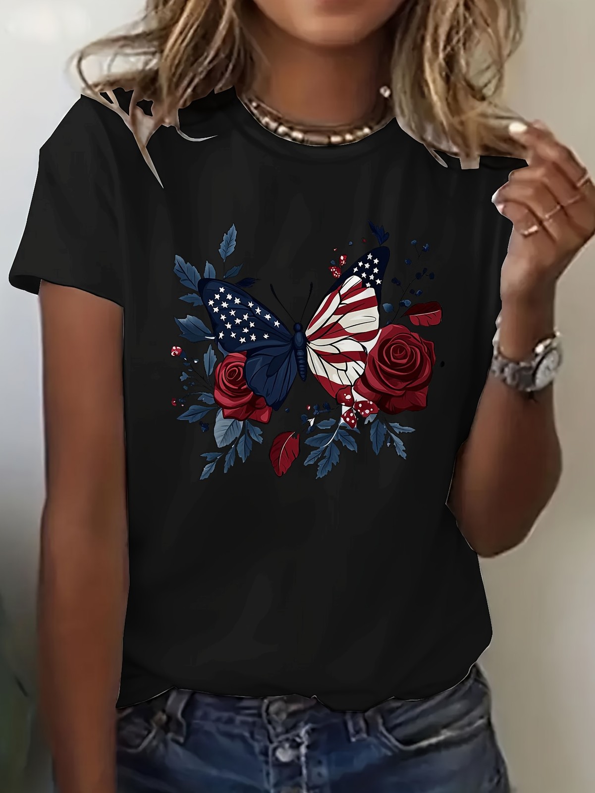 Womens Crew Neck Fashionable Heart Print T-Shirt – Round Neck Casual Top