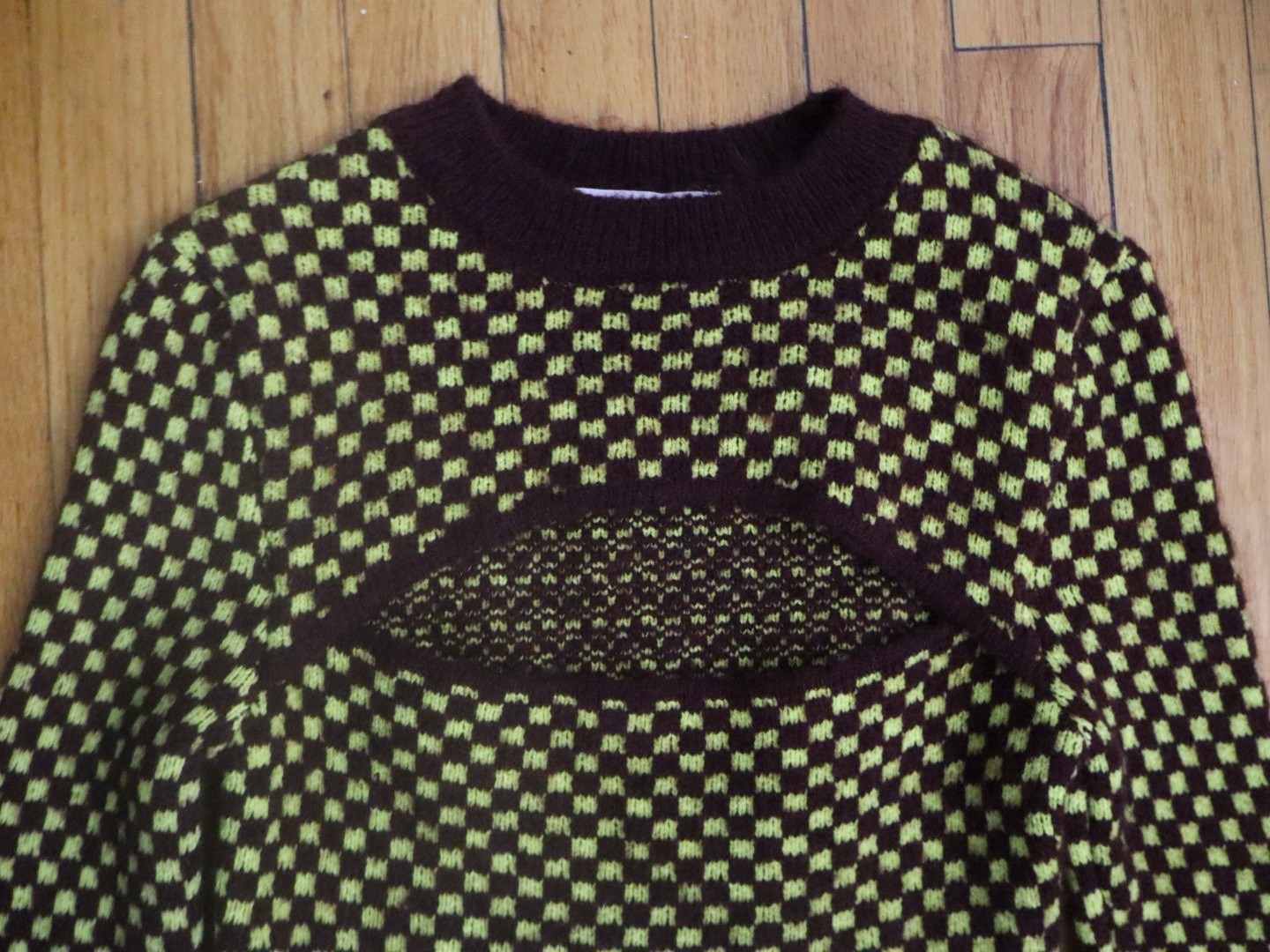 Zara Women’s Brown & Green Check Knit Crew Neck Long Sleeve Pullover Sweater M
