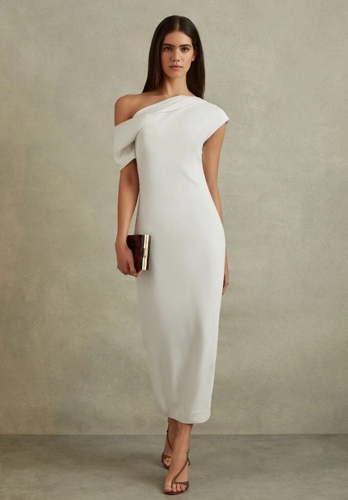 REISS Laurey Draped Bodycon Midi Dress in Ivory