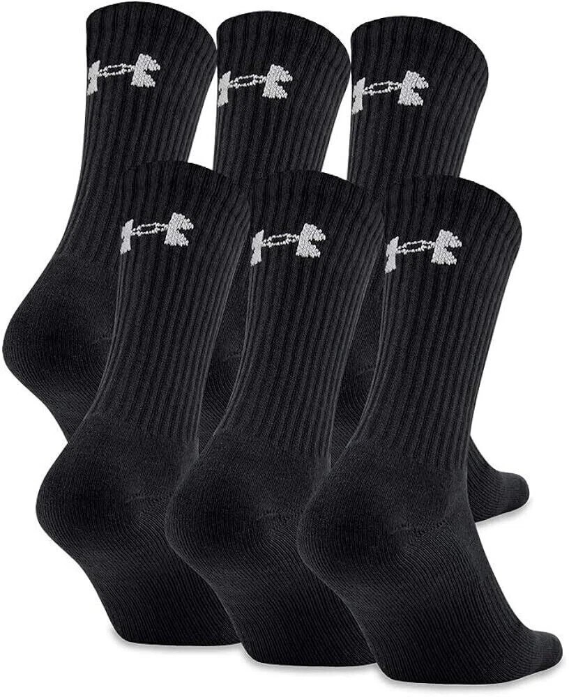 6 Pair Under Armour Men Crew Socks BLACK Large 8-12 Cotton NEW