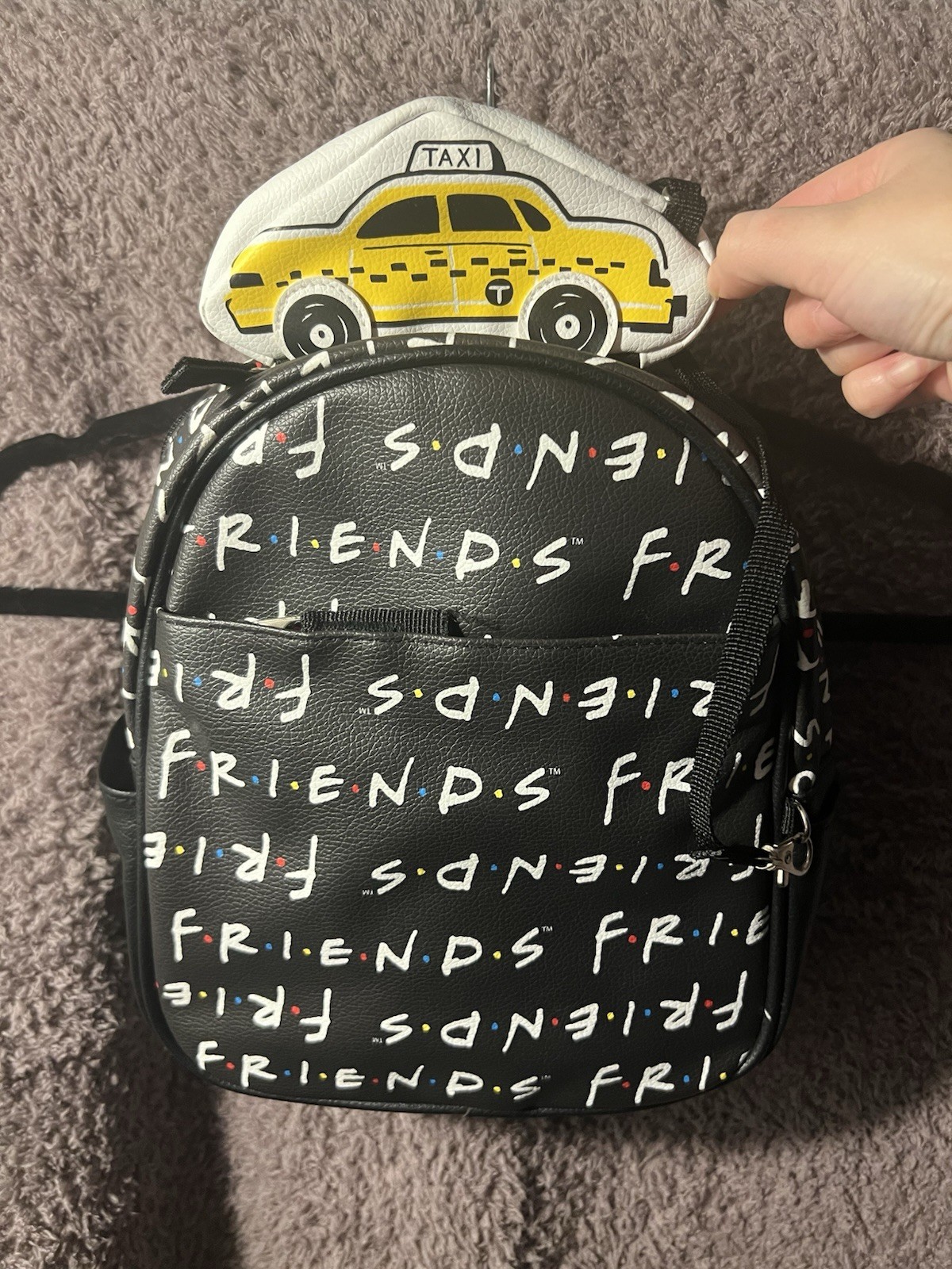 Friends TV Show Mini Backpack 10.5” Black Friends Logo With Taxi Cab Coin Purse
